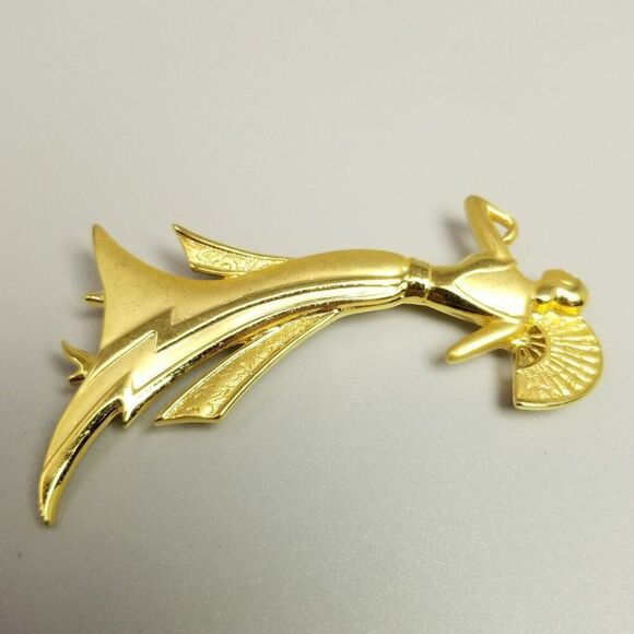 Vintage JJ Tall Elegant Woman in Dress with Fan Brooch, Matte Gold Tone, Signed - Picture 5 of 9